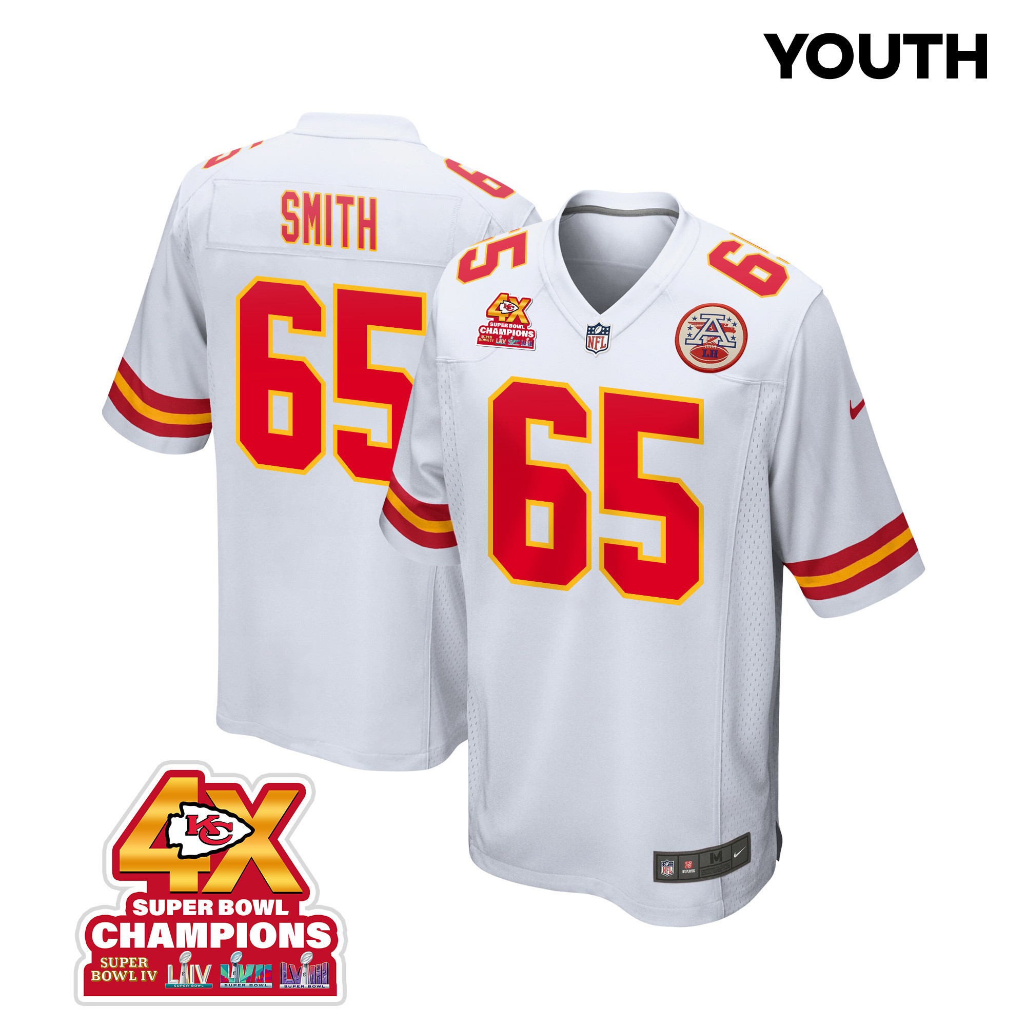 Trey Smith #65 Kansas City Chiefs Super Bowl LVIII Champions 4X Game Jersey - Youth | White