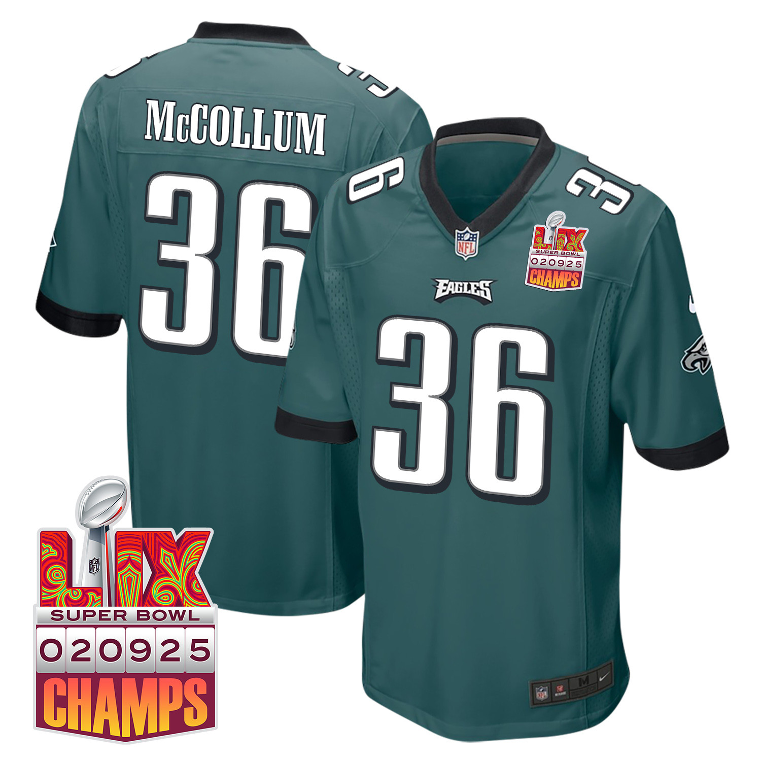 Tristin McCollum #36 Philadelphia Eagles Super Bowl LIX Champions Patch Game Jersey - Men's | Midnight Green