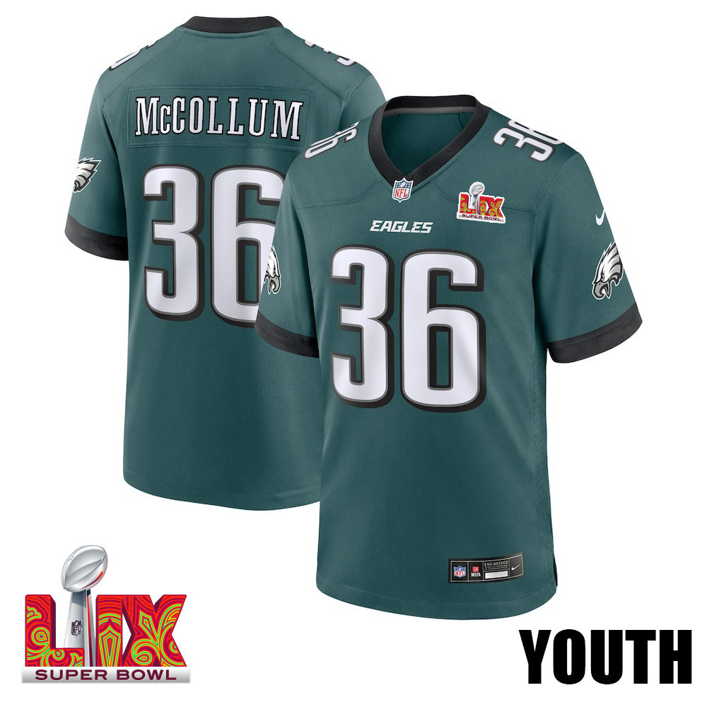 Tristin McCollum #36 Philadelphia Eagles Super Bowl LIX Game Jersey - Youth | Midnight Green