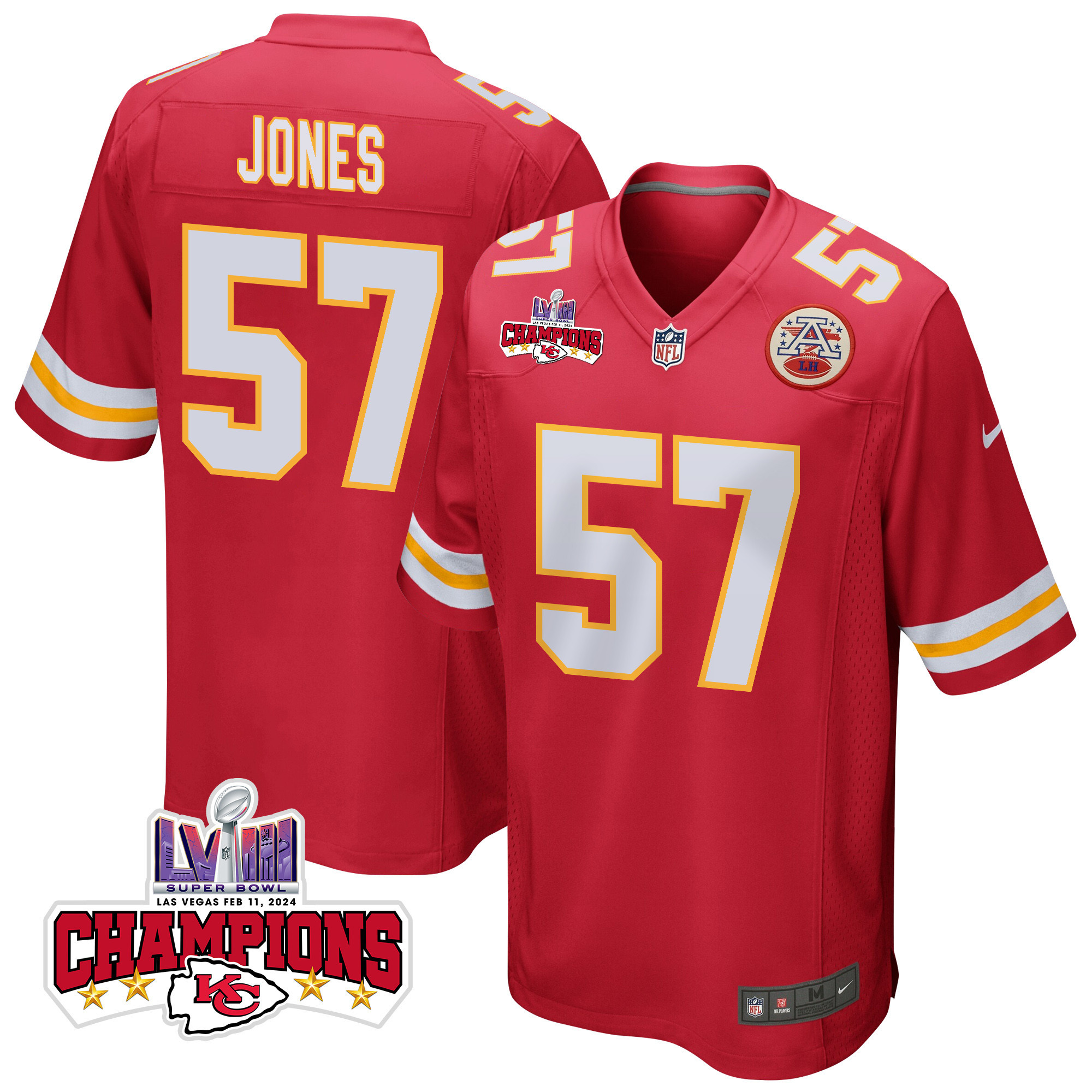 Truman Jones #57 Kansas City Chiefs Super Bowl LVIII Champions 4 Stars Patch Game Jersey - Men's | Red