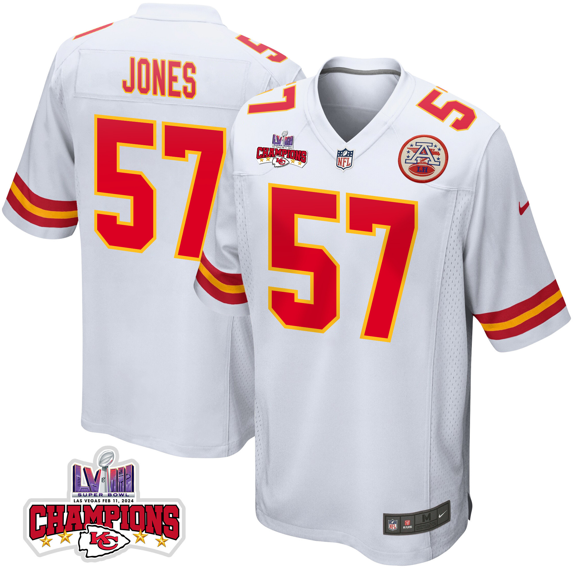 Truman Jones #57 Kansas City Chiefs Super Bowl LVIII Champions 4 Stars Patch Game Jersey - Men's | White