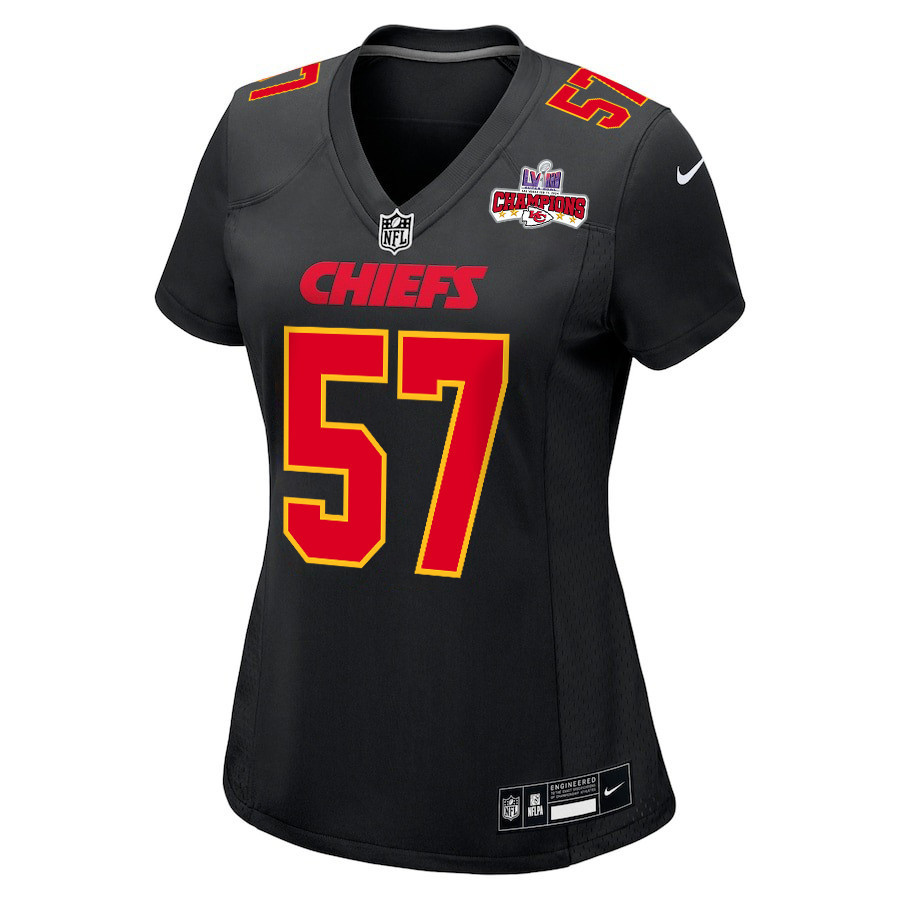 Alternative view of Truman Jones #57 Kansas City Chiefs Super Bowl LVIII Champions 4 Stars Patch Game Jersey - Women's | Carbon Black