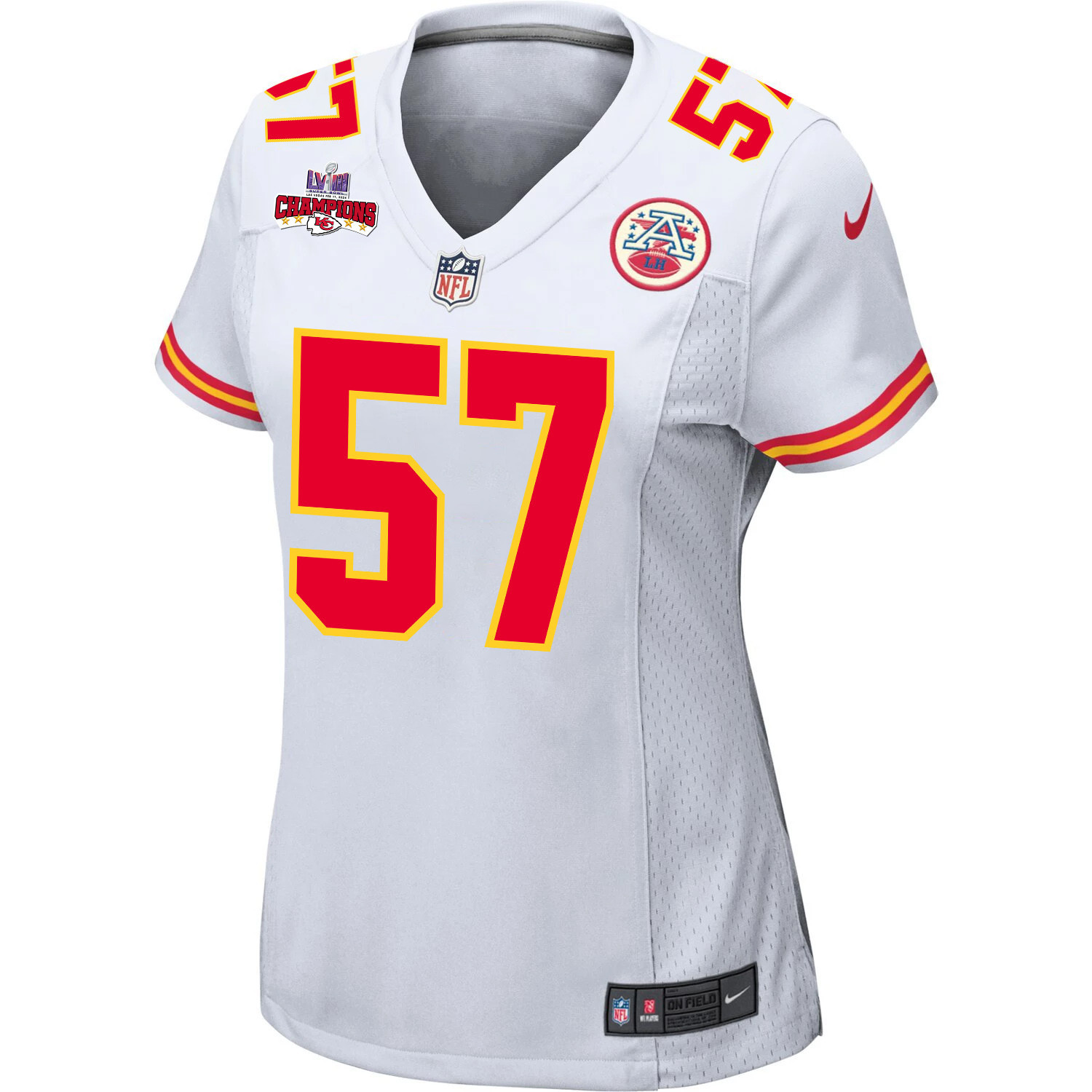 Alternative view of Truman Jones #57 Kansas City Chiefs Super Bowl LVIII Champions 4 Stars Patch Game Jersey - Women's | White