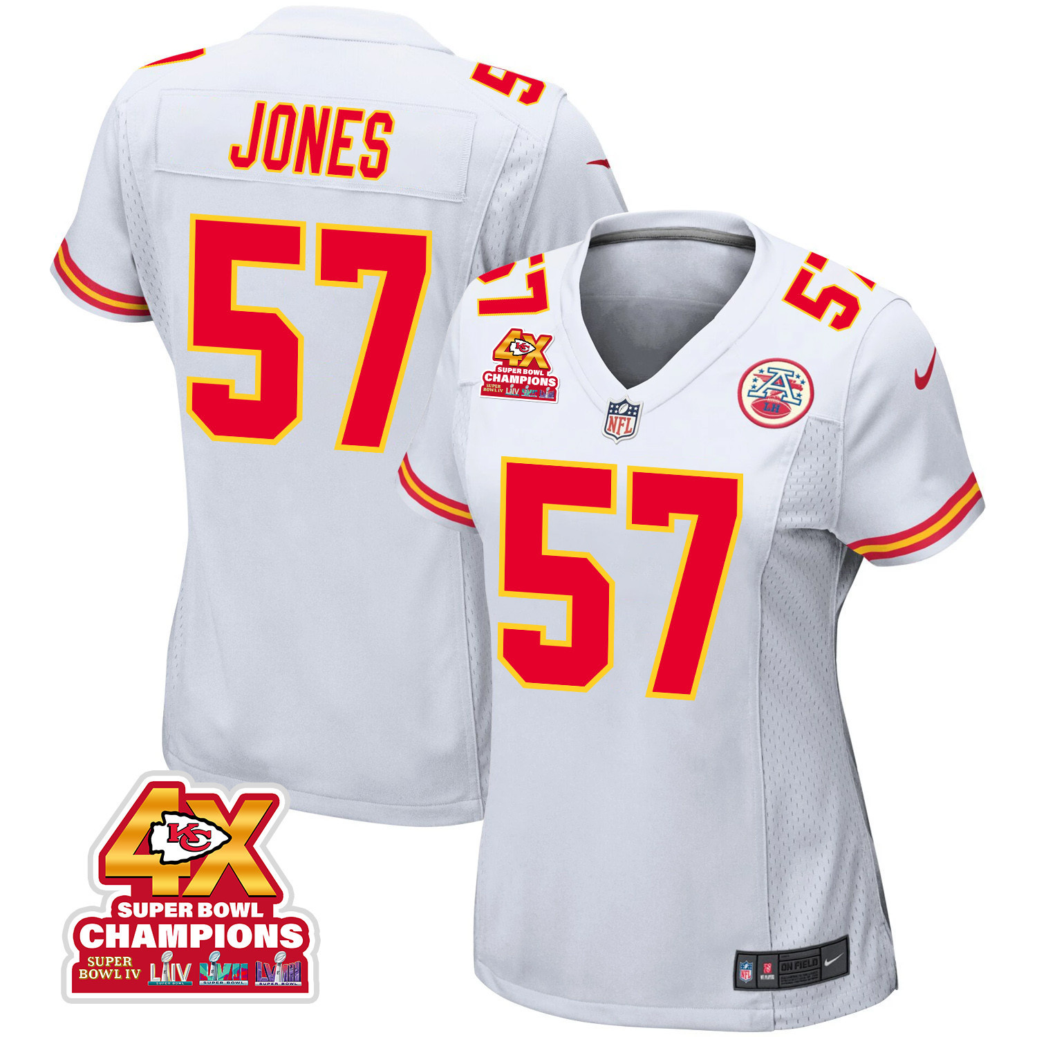 Truman Jones #57 Kansas City Chiefs Super Bowl LVIII Champions 4X Game Jersey - Women's | White