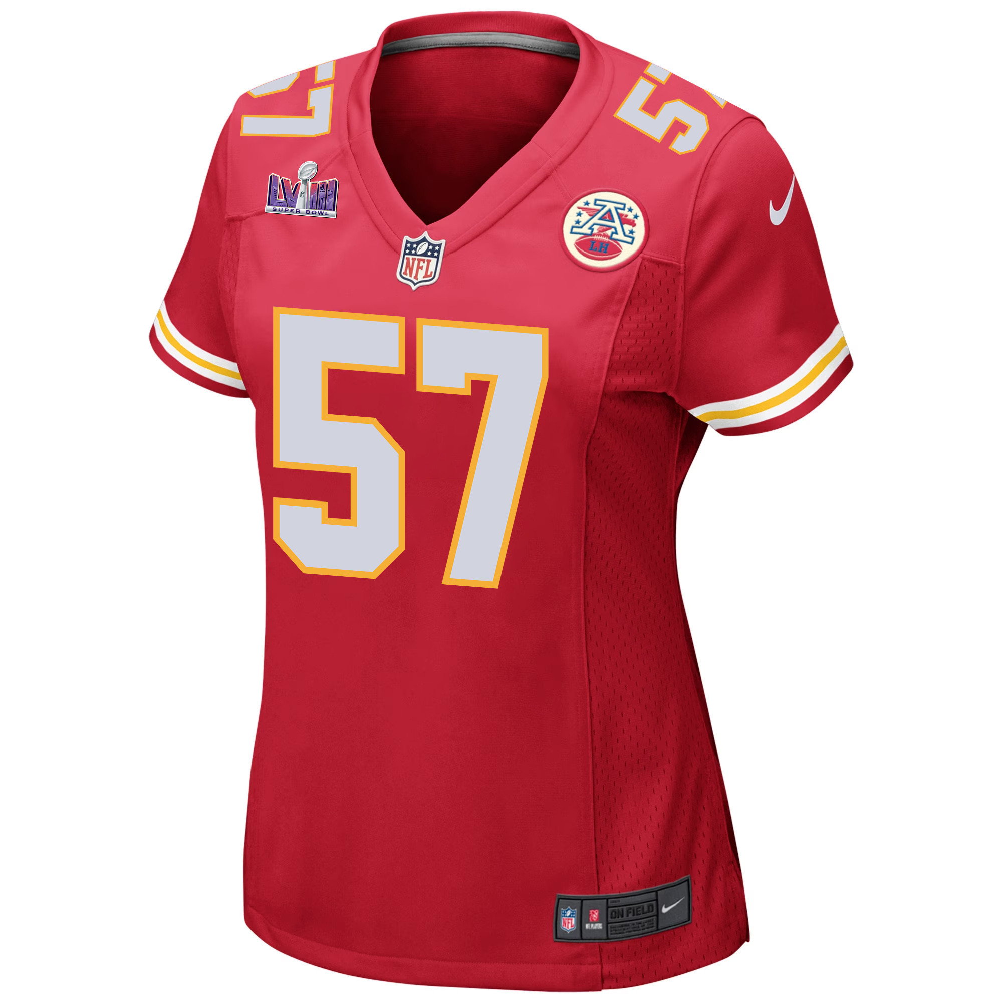 Alternative view of Truman Jones #57 Kansas City Chiefs Super Bowl LVIII Patch Game Jersey - Women's | Red