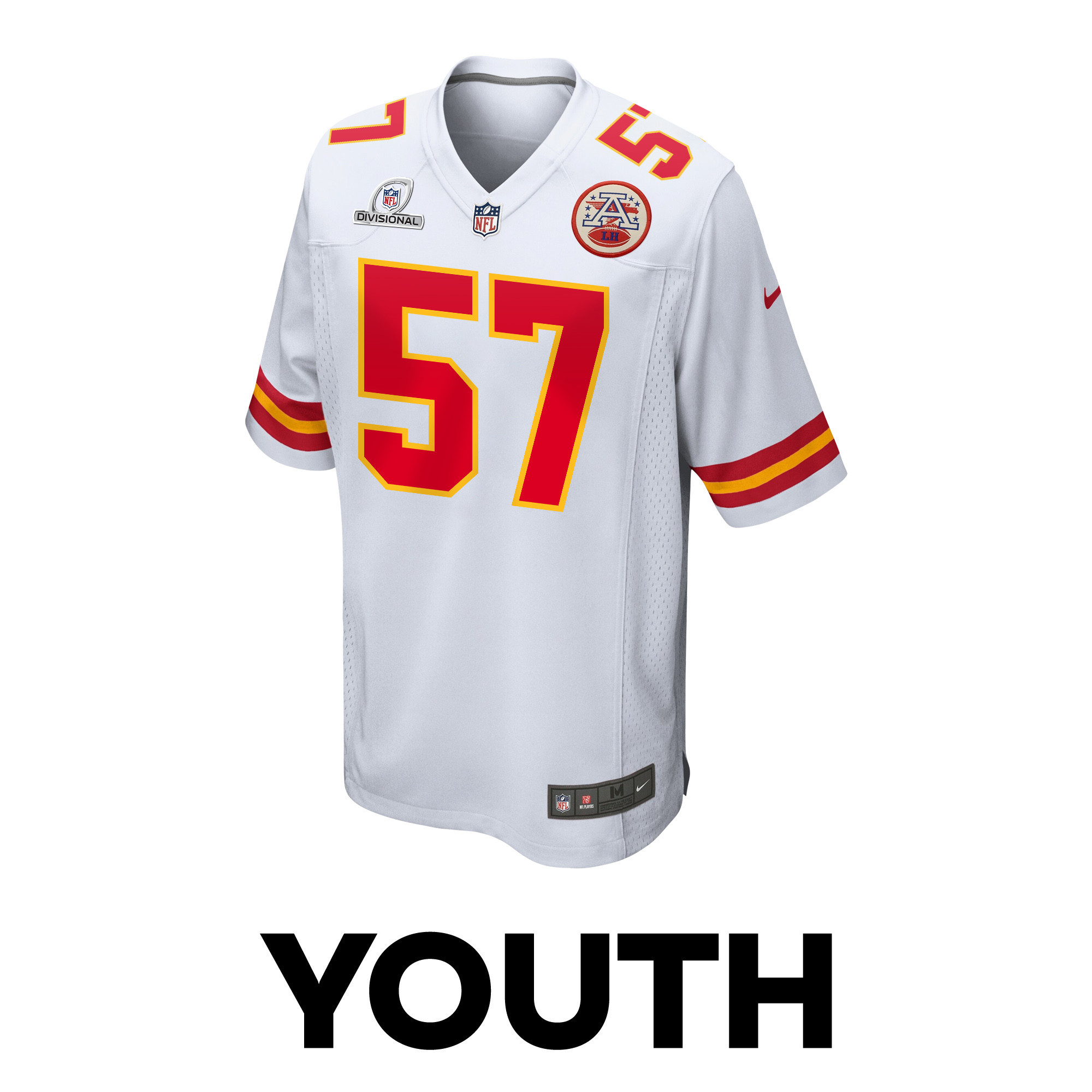 Alternative view of Truman Jones #57 Kansas City Chiefs Super Bowl LVIII Patch Game Jersey - Youth | White