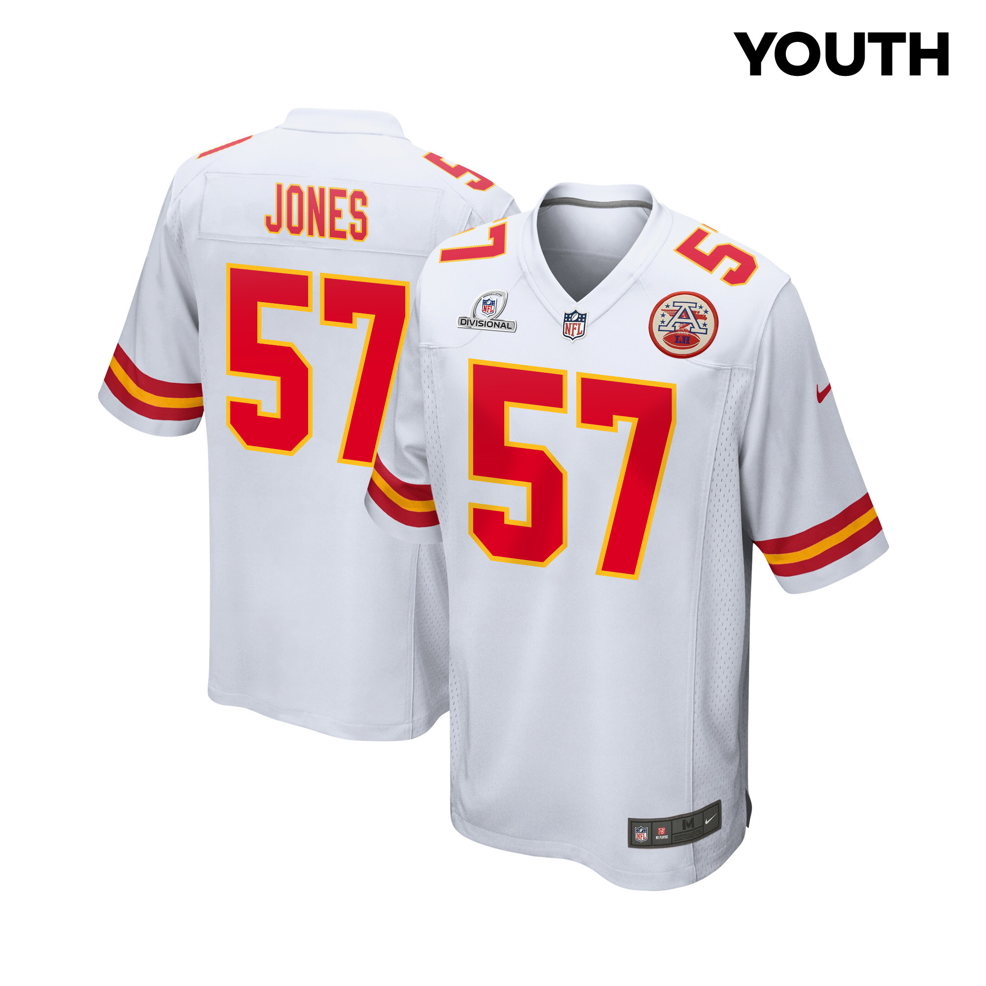 Truman Jones #57 Kansas City Chiefs Super Bowl LVIII Patch Game Jersey - Youth | White