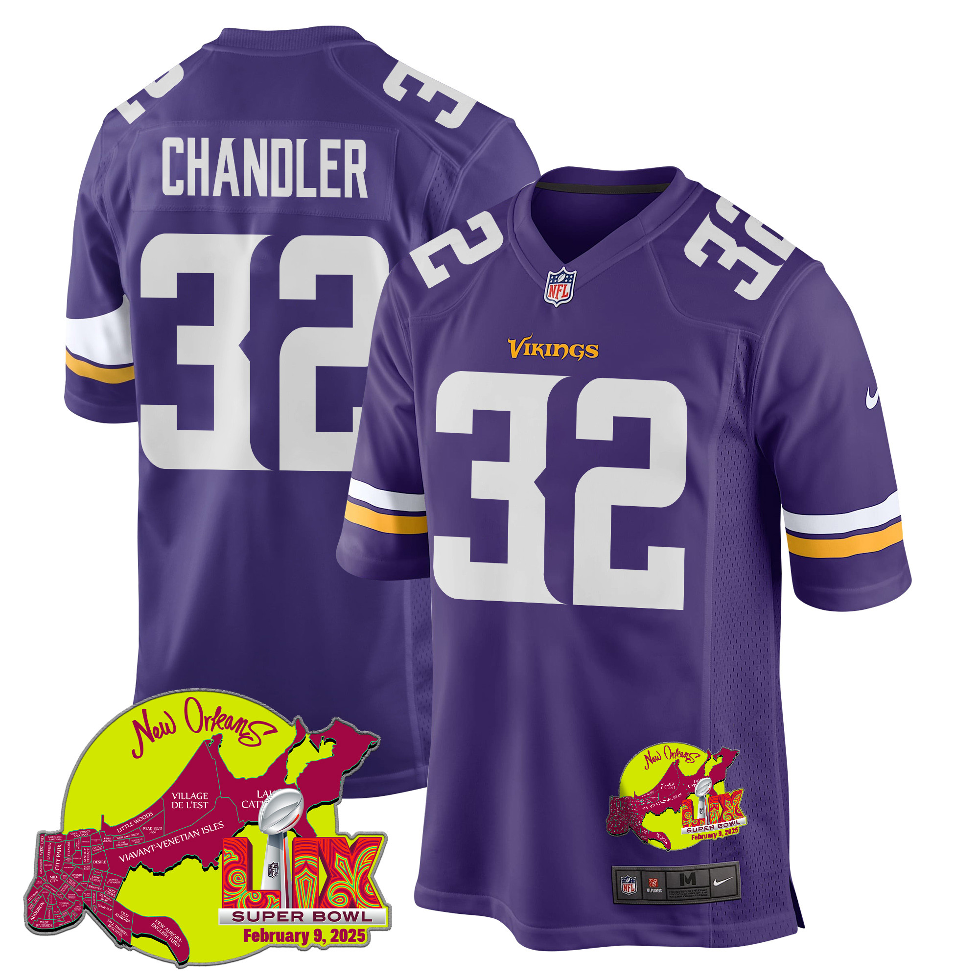 Ty Chandler #32 Minnesota Vikings Super Bowl LIX Game Jersey - Men's | Purple