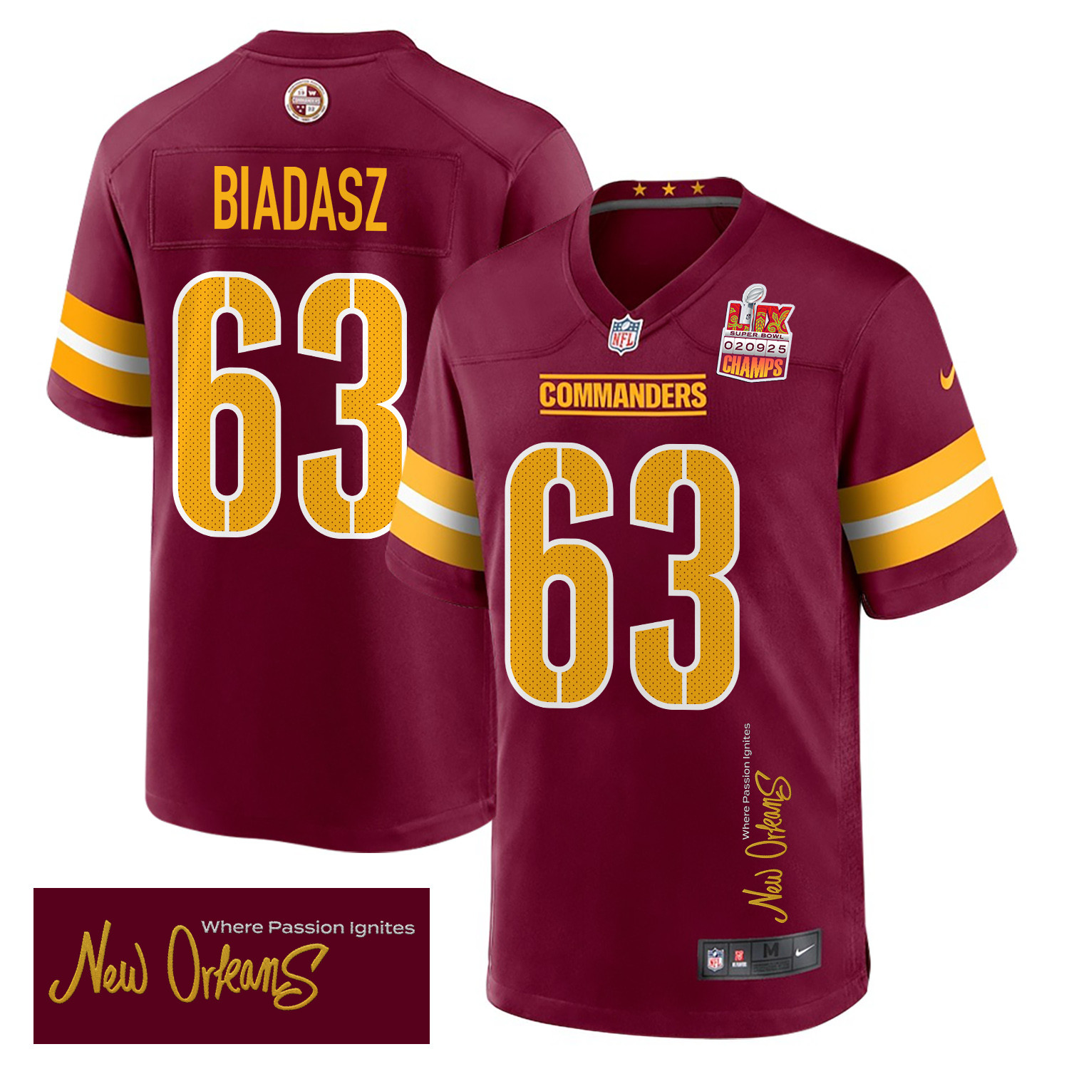 Tyler Biadasz #63 Washington Commanders Super Bowl LIX Champions Patch Game Jersey - Men's | Burgundy