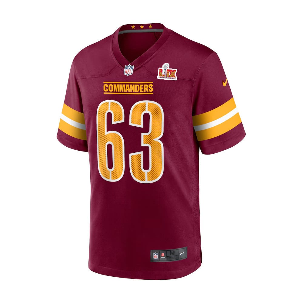 Alternative view of Tyler Biadasz #63 Washington Commanders Super Bowl LIX Game Jersey - Men's | Burgundy