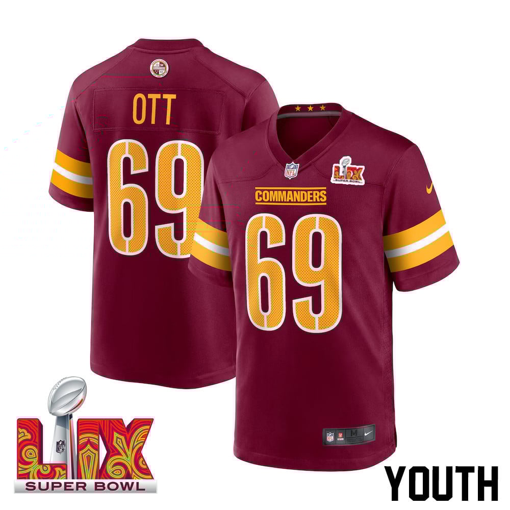 Tyler Ott #69 Washington Commanders Super Bowl LIX Game Jersey - Youth | Burgundy