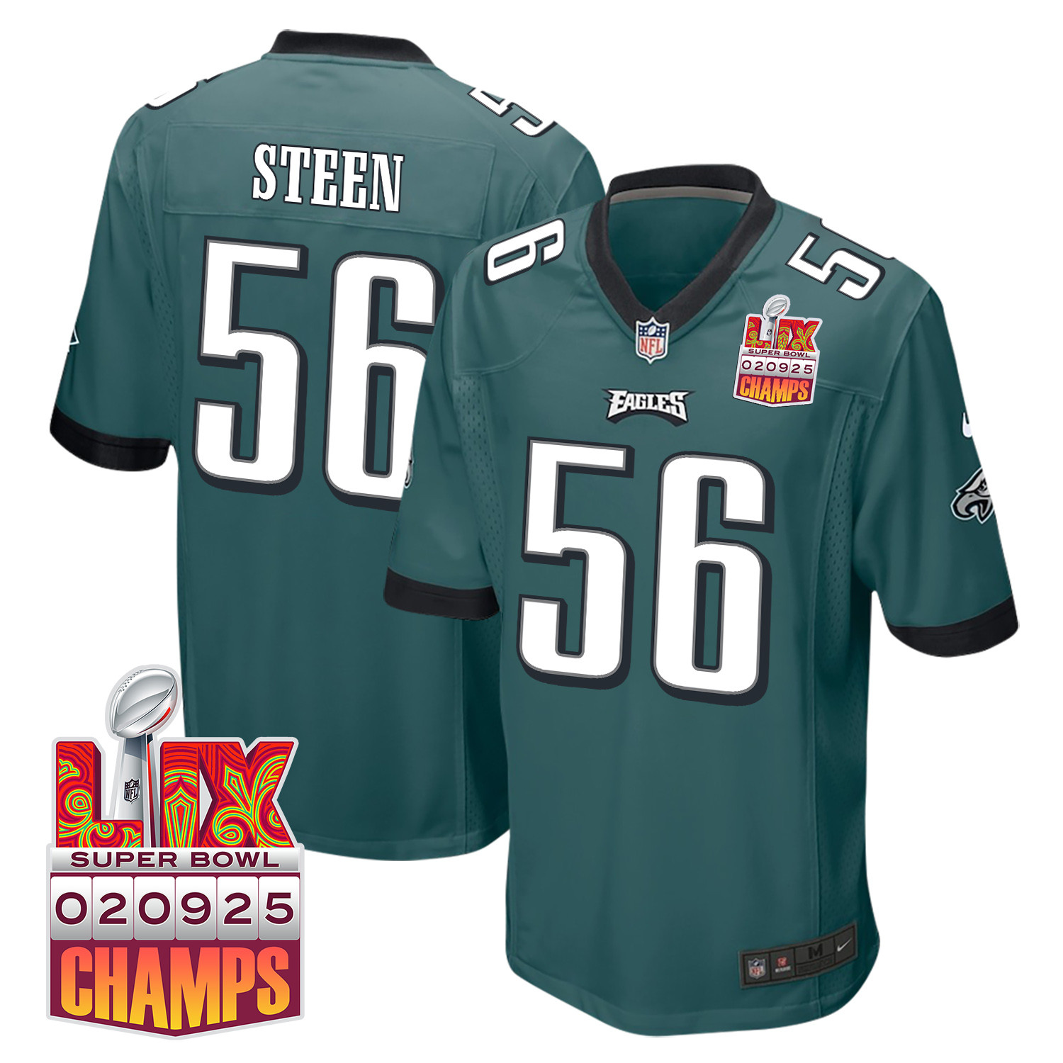 Tyler Steen #56 Philadelphia Eagles Super Bowl LIX Champions Patch Game Jersey - Men's | Midnight Green