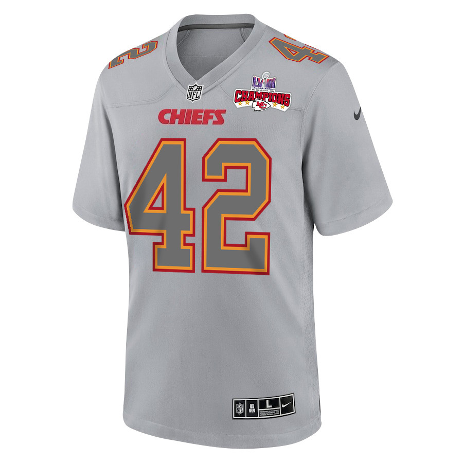 Alternative view of Tyree Gillespie #42 Kansas City Chiefs Super Bowl LVIII Champions 4 Stars Patch Game Jersey - Men's | Gray