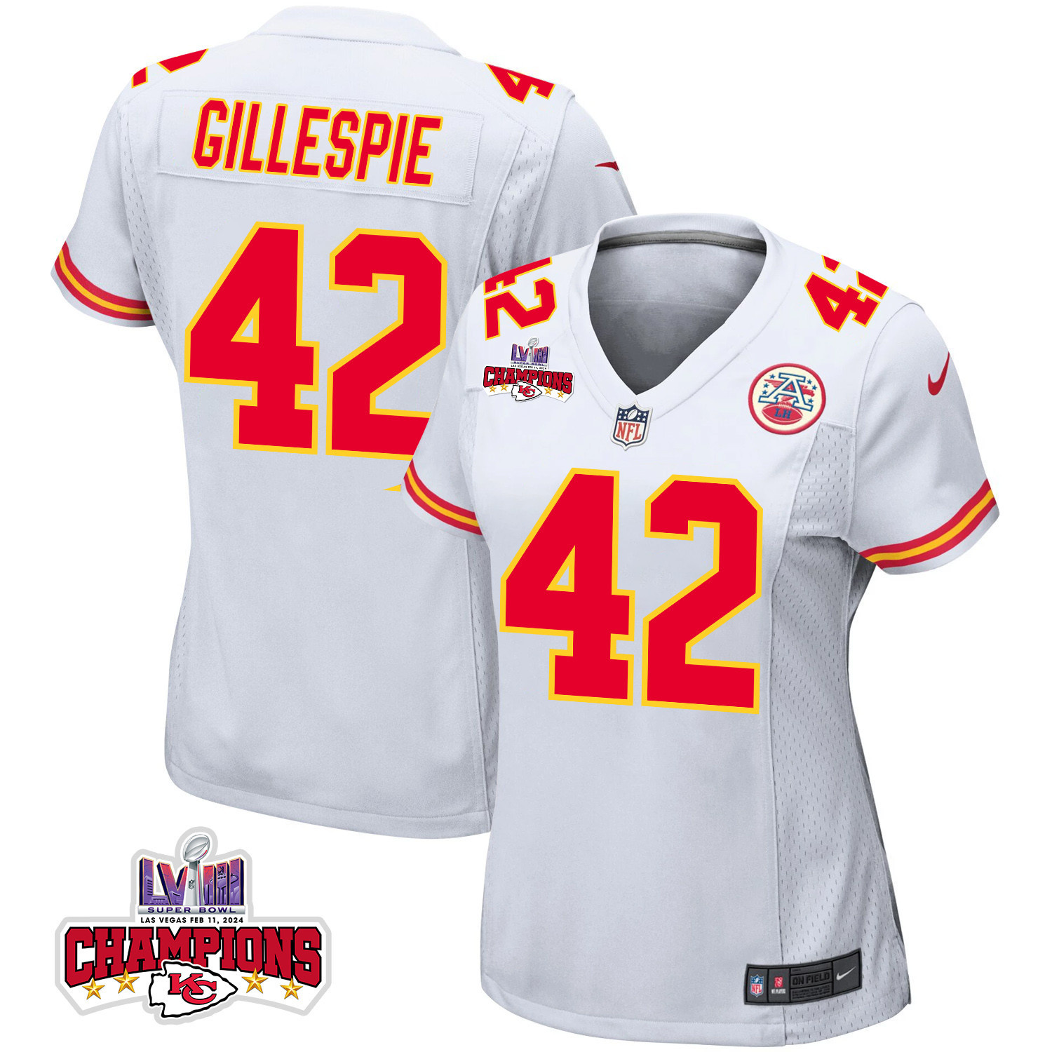 Tyree Gillespie #42 Kansas City Chiefs Super Bowl LVIII Champions 4 Stars Patch Game Jersey - Women's | White