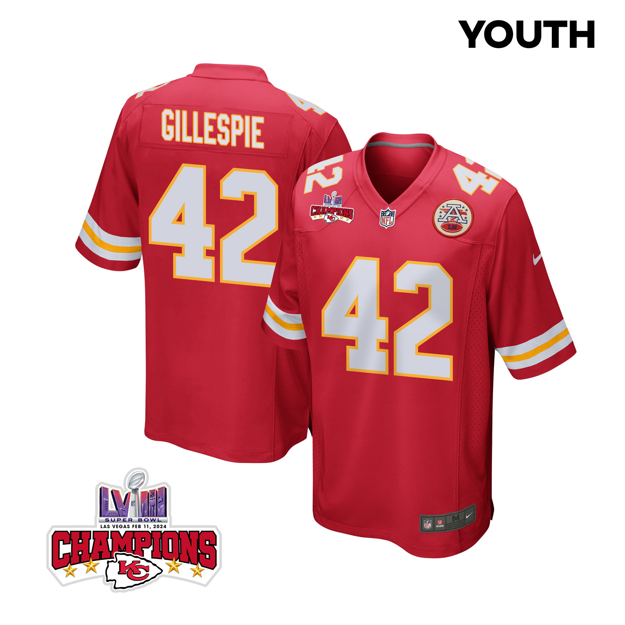 Tyree Gillespie #42 Kansas City Chiefs Super Bowl LVIII Champions 4 Stars Patch Game Jersey - Youth | Red