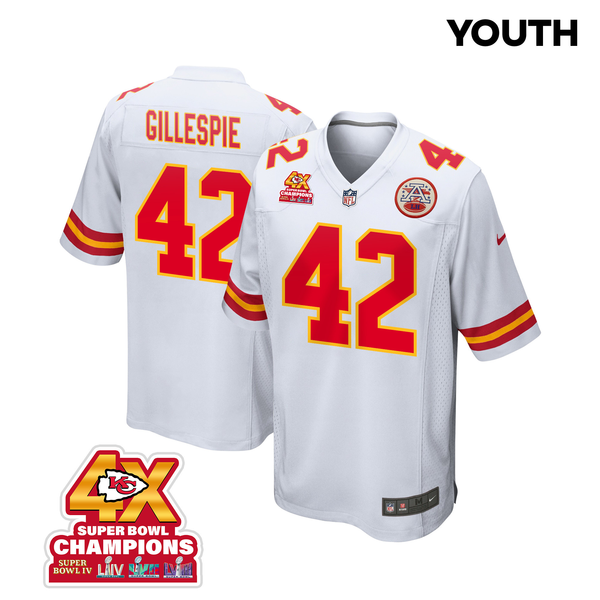 Tyree Gillespie #42 Kansas City Chiefs Super Bowl LVIII Champions 4X Game Jersey - Youth | White