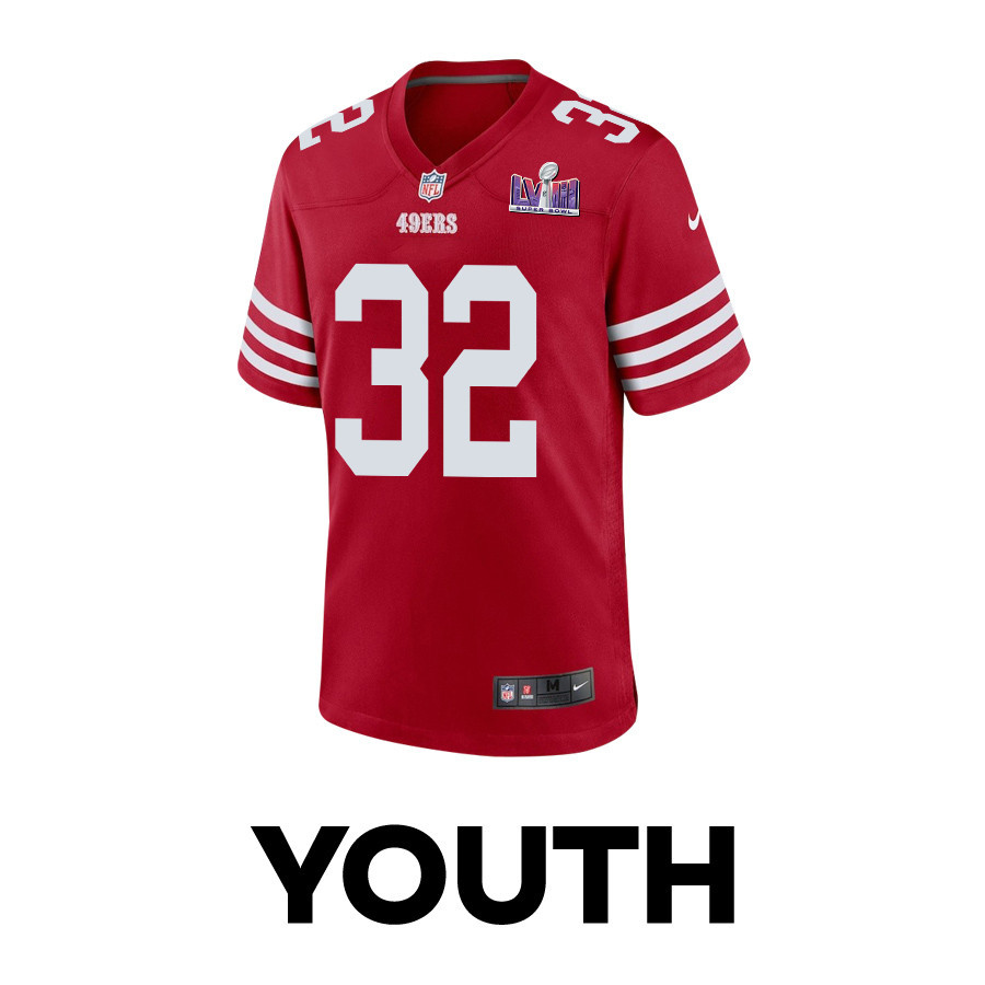 Alternative view of Tyrion Davis-Price #32 San Francisco 49ers Super Bowl LVIII Patch Game Jersey - Youth | Scarlet