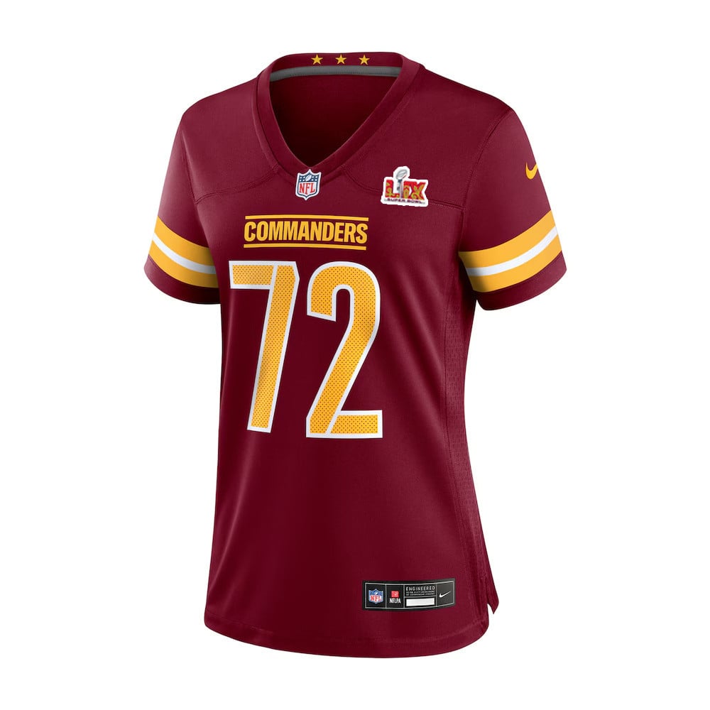 Alternative view of Viliami Fehoko Jr. #72 Washington Commanders Super Bowl LIX Game Jersey - Women's | Burgundy