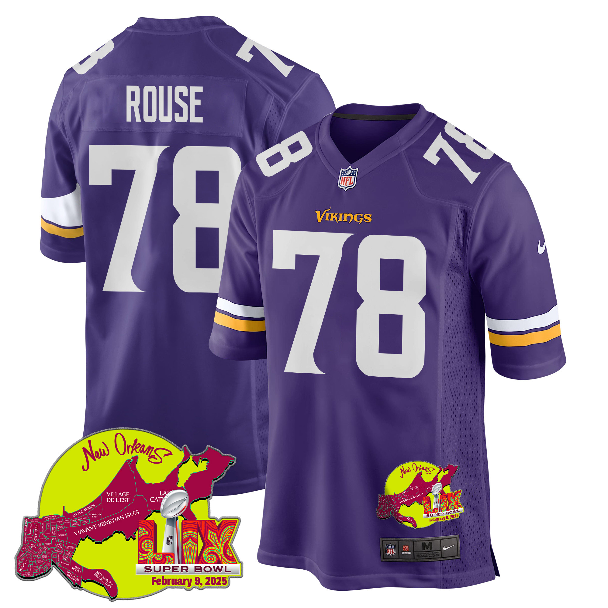 Walter Rouse #78 Minnesota Vikings Super Bowl LIX Game Jersey - Men's | Purple