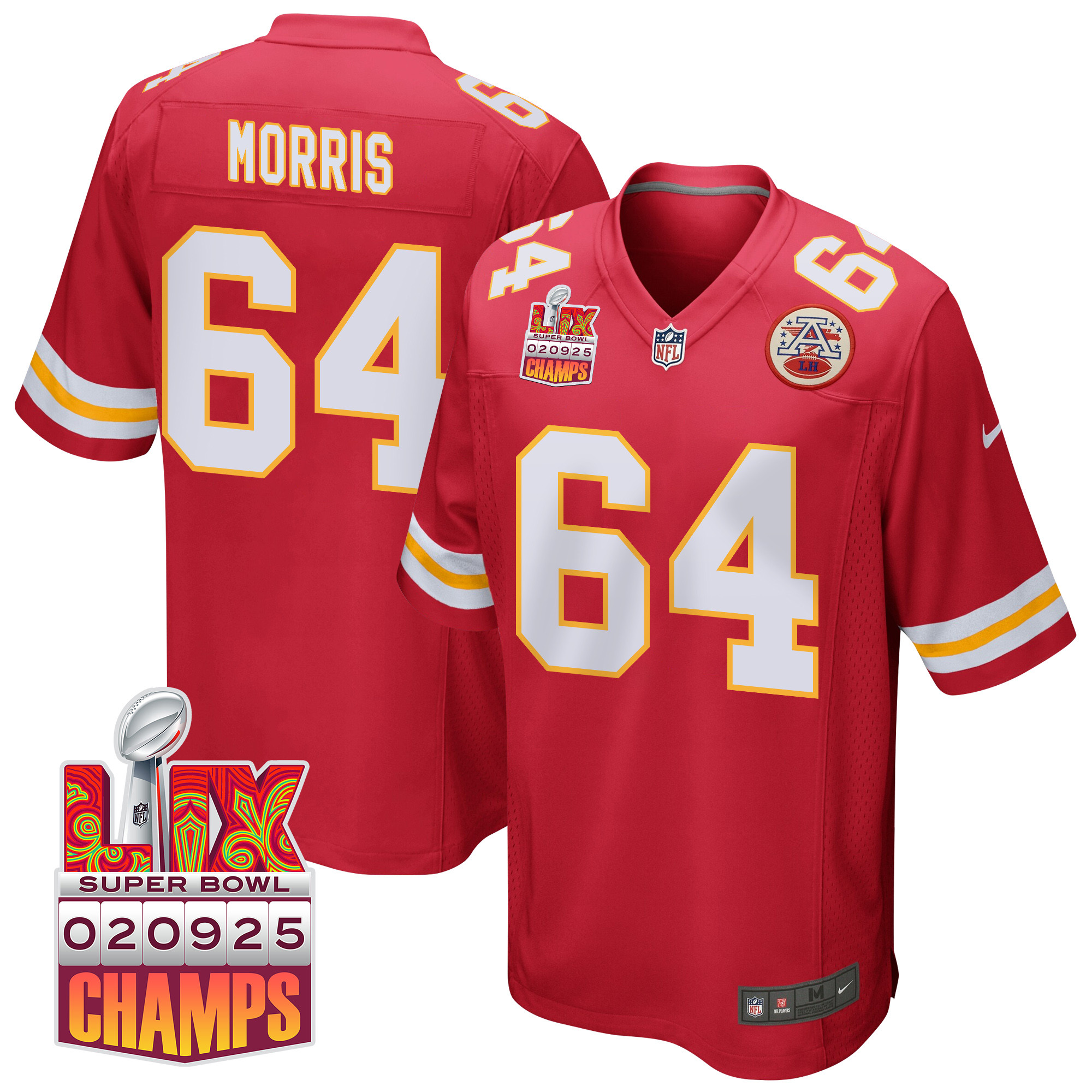 Wanya Morris #64 Kansas City Chiefs Super Bowl LIX Champions Patch Game Jersey - Men's | Red