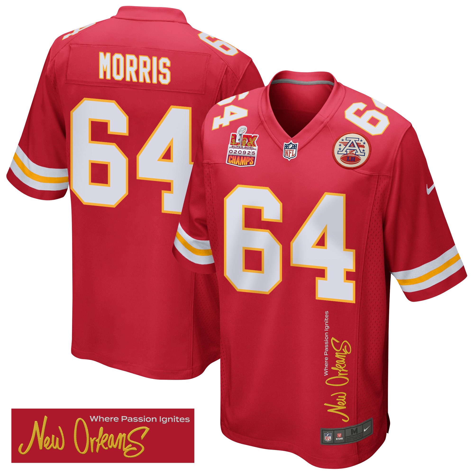 Wanya Morris #64 Kansas City Chiefs Super Bowl LIX Champions Patch Game Jersey - Men's | Red