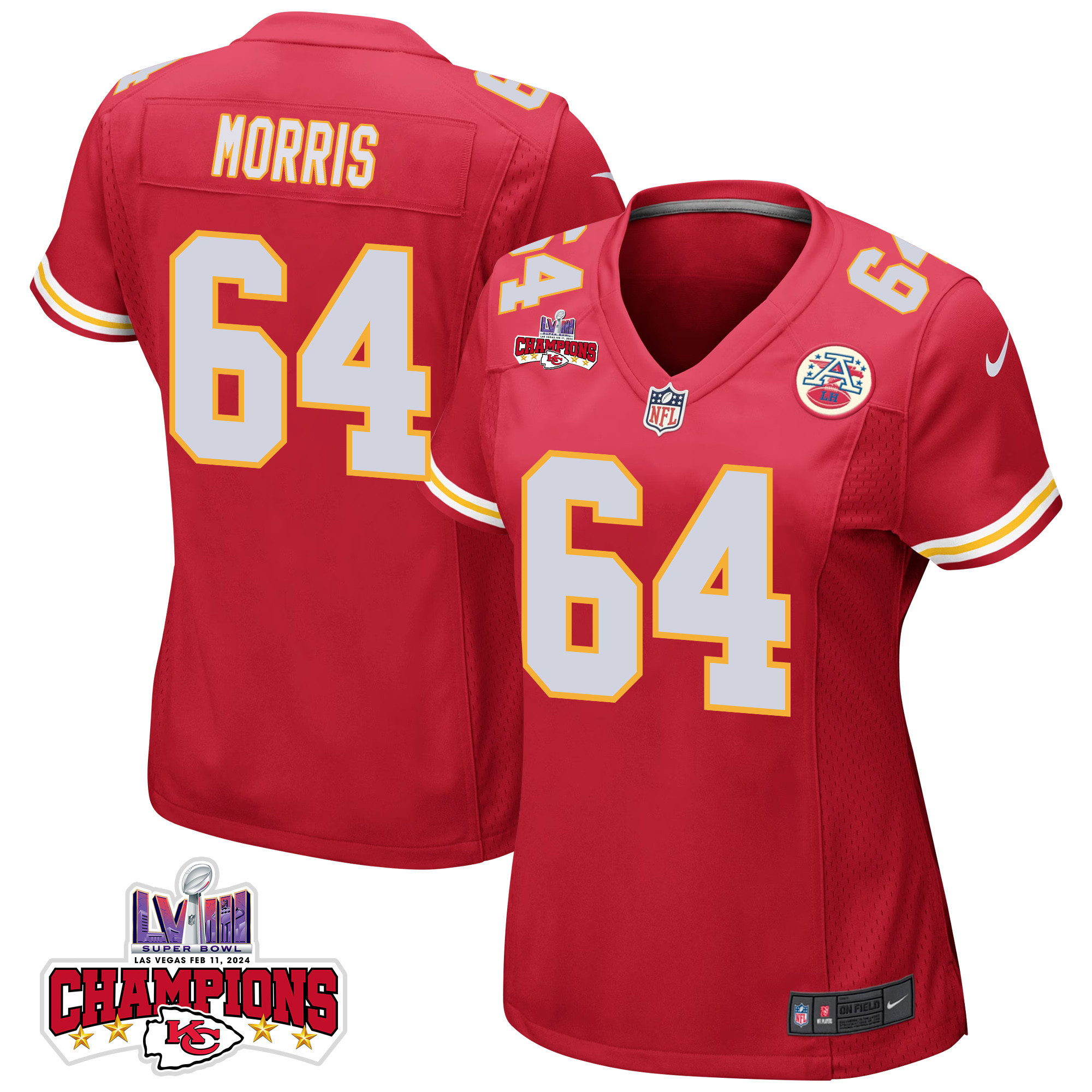 Wanya Morris #64 Kansas City Chiefs Super Bowl LVIII Champions 4 Stars Patch Game Jersey - Women's | Red