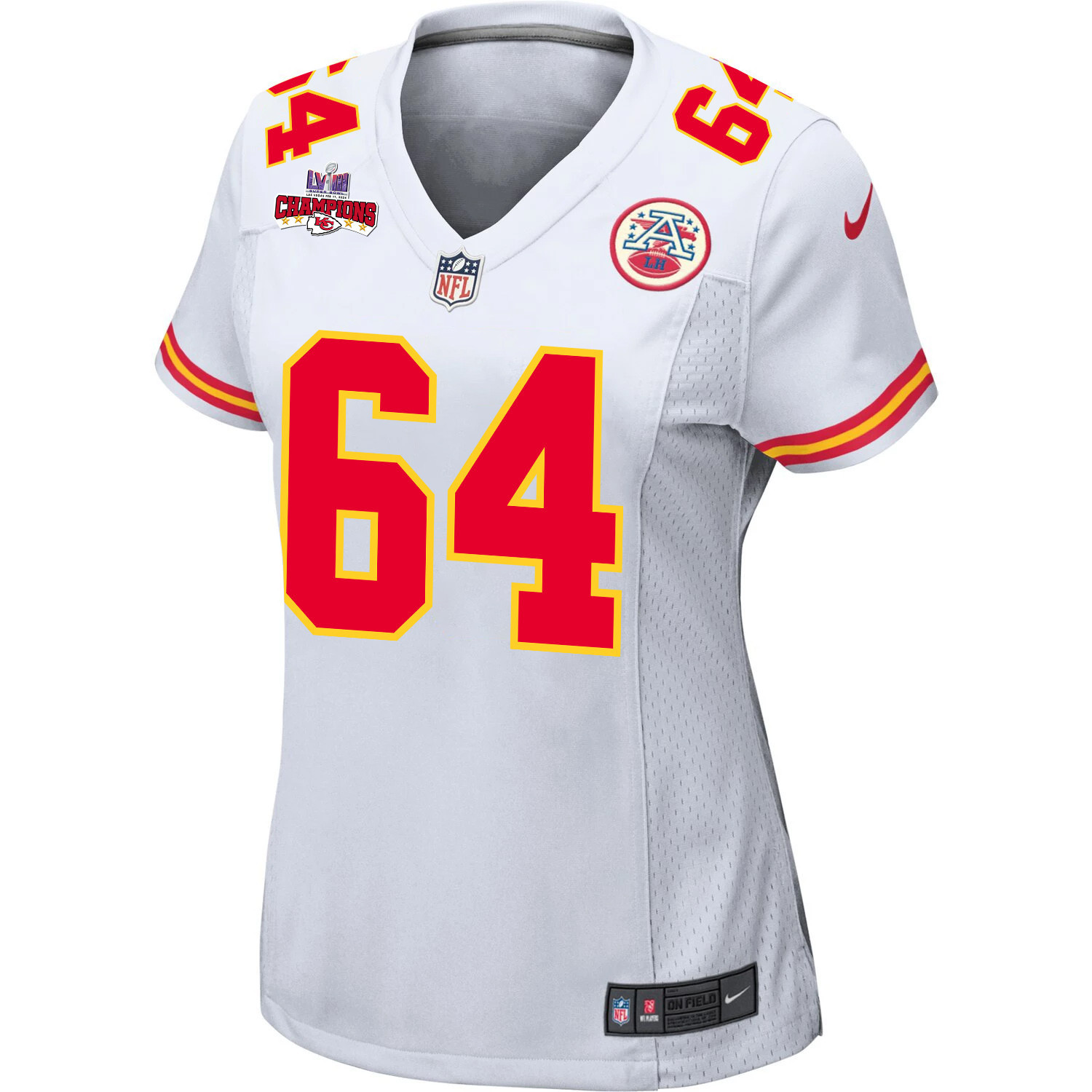 Alternative view of Wanya Morris #64 Kansas City Chiefs Super Bowl LVIII Champions 4 Stars Patch Game Jersey - Women's | White