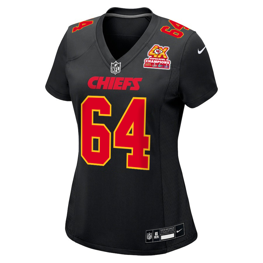 Alternative view of Wanya Morris #64 Kansas City Chiefs Super Bowl LVIII Champions 4X Game Jersey - Women's | Carbon Black