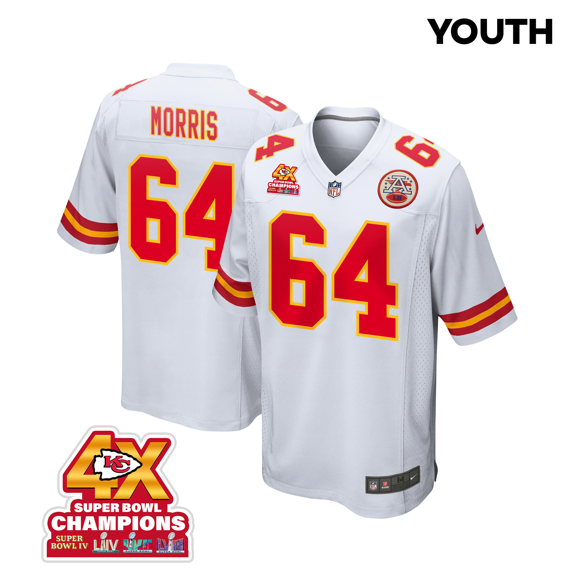 Wanya Morris #64 Kansas City Chiefs Super Bowl LVIII Champions 4X Game Jersey - Youth | White