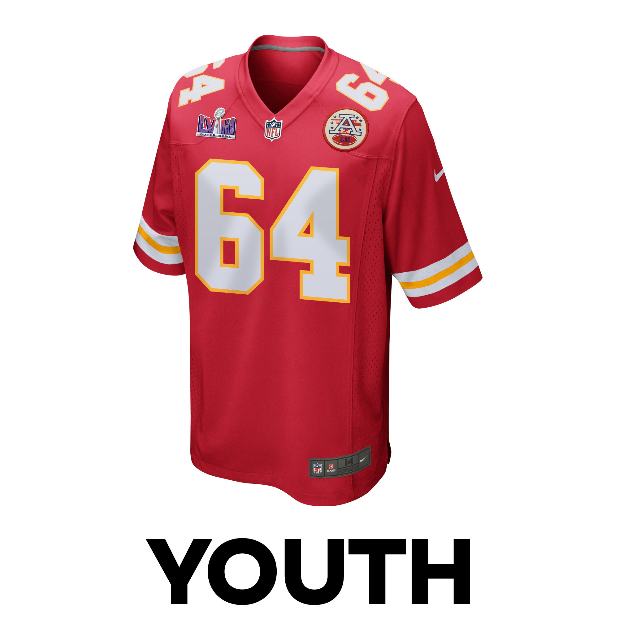 Alternative view of Wanya Morris #64 Kansas City Chiefs Super Bowl LVIII Patch Game Jersey - Youth | Red
