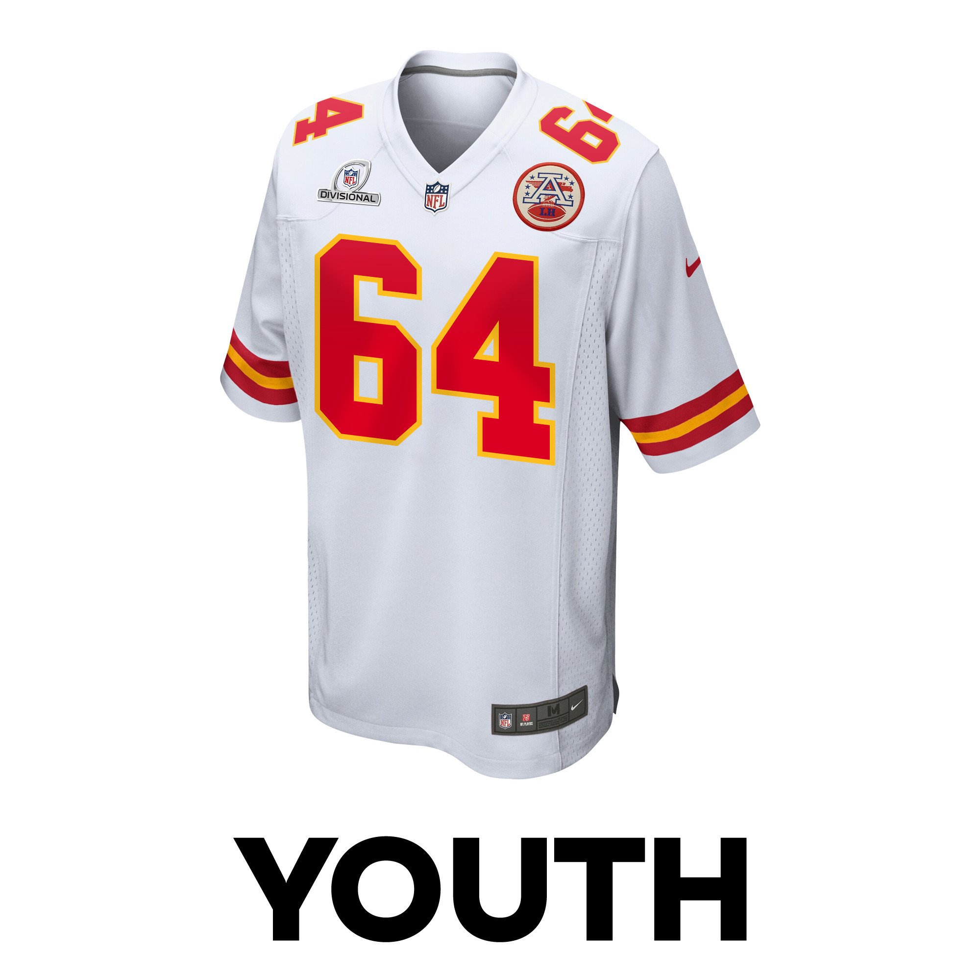 Alternative view of Wanya Morris #64 Kansas City Chiefs Super Bowl LVIII Patch Game Jersey - Youth | White