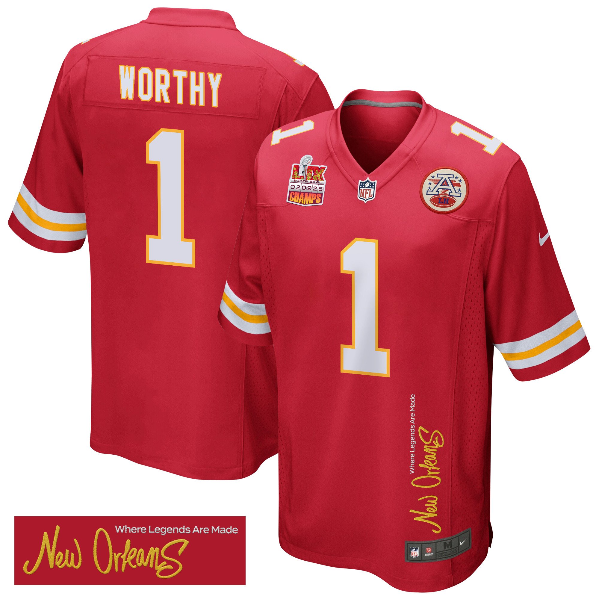 Xavier Worthy #1 Kansas City Chiefs Super Bowl LIX Champions Patch Legend Jersey - Men's | Red