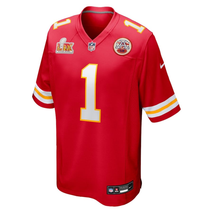 Alternative view of Xavier Worthy #1 Kansas City Chiefs Super Bowl LIX Game Jersey - Men's | Red