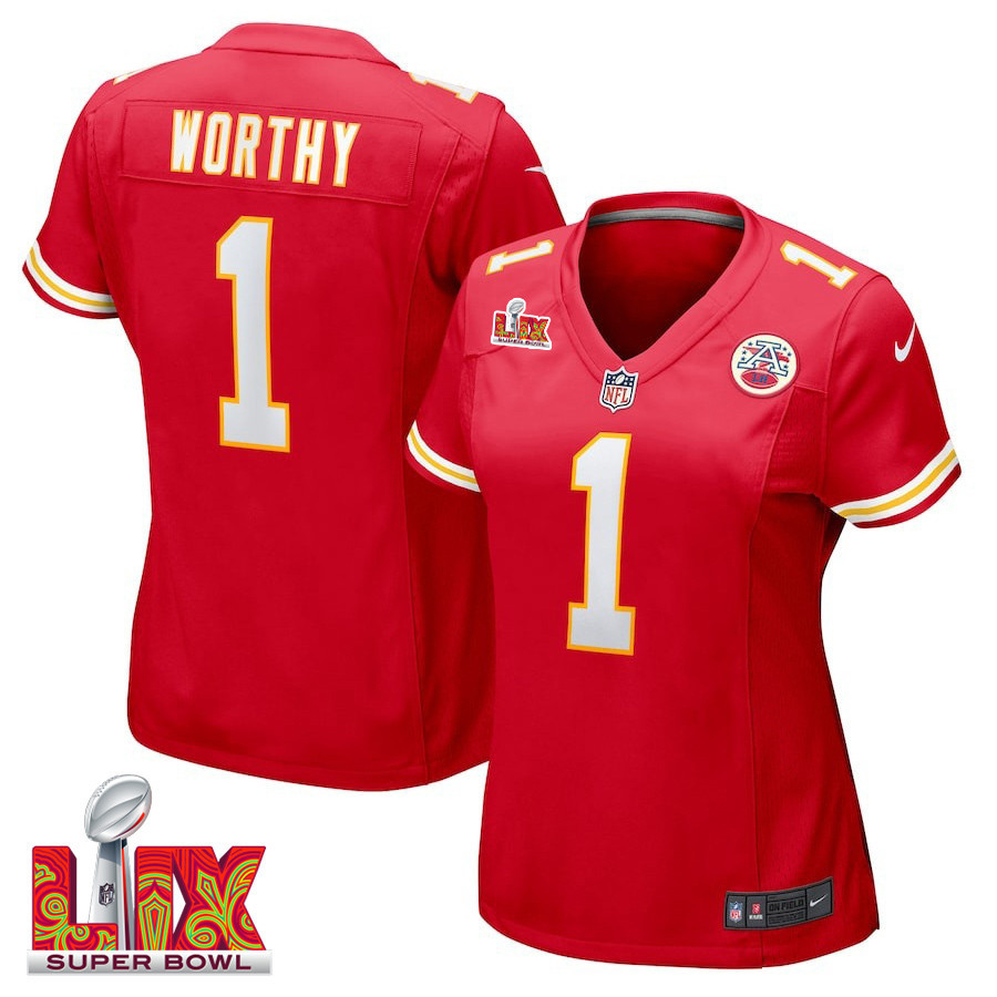 Xavier Worthy #1 Kansas City Chiefs Super Bowl LIX Game Jersey - Women's | Red