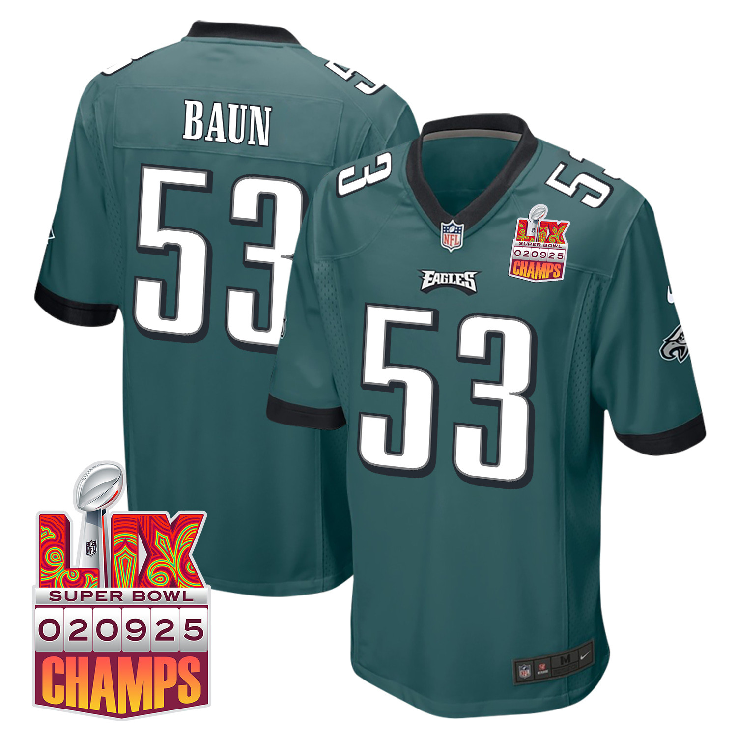 Zack Baun #53 Philadelphia Eagles Super Bowl LIX Champions Patch Game Jersey - Men's | Midnight Green