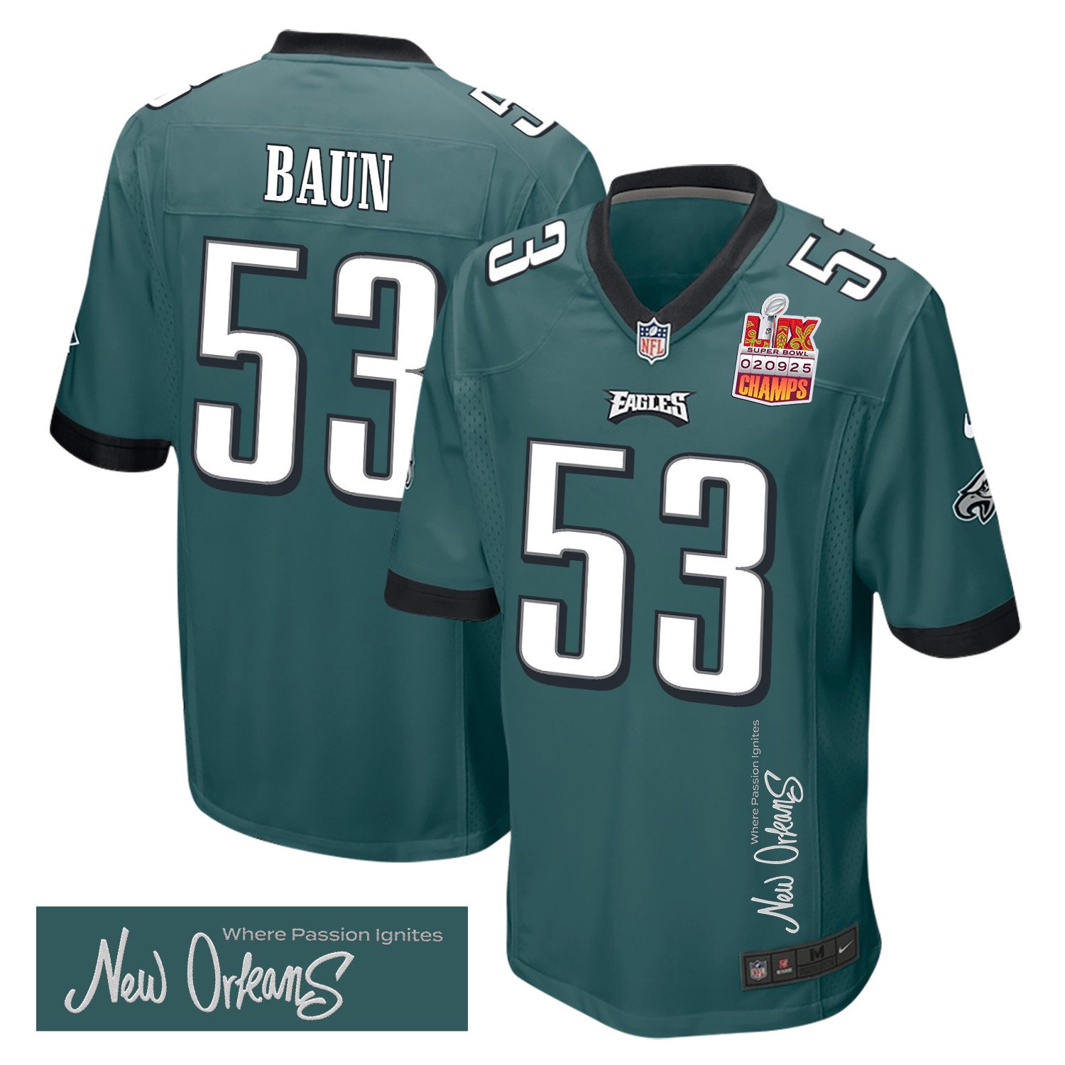 Zack Baun #53 Philadelphia Eagles Super Bowl LIX Champions Patch Game Jersey - Men's | Midnight Green