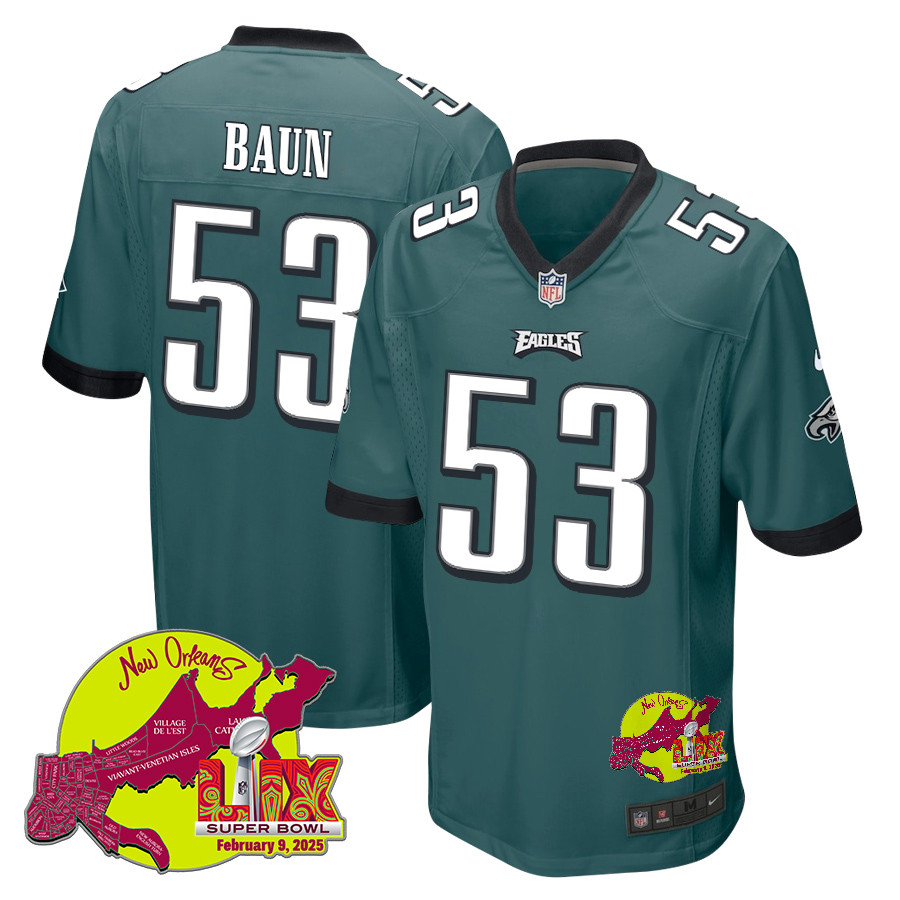 Zack Baun #53 Philadelphia Eagles Super Bowl LIX Game Jersey - Men's | Midnight Green